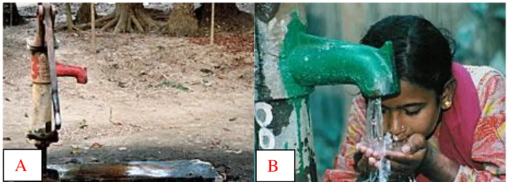 Figura 1.1 –  Identificação da qualidade das águas:  (A)  - Bomba manual vermelha  –  poço contaminado por  As;  (B) –  Bomba manual verde  –  poço não contaminado  –  (Fonte: AGÊNCIA SWISSINFO, 2003) 