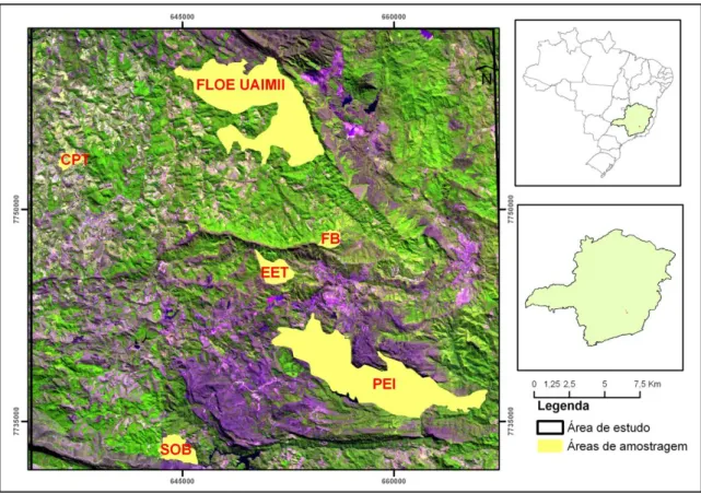 FIGURA  1  –   Localização  geográfica  dos  seis  fragmentos  na  paisagem  de  estudo  no  sudoeste de Minas Gerais, Brasil