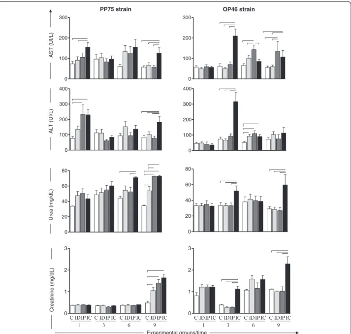 Fig. 4 Activity of AST and ALT; urea and creatinine in the blood plasma of uninfected hamsters as a control group (C, n = 10 animals/time; white) and in hamsters experimentally infected with L