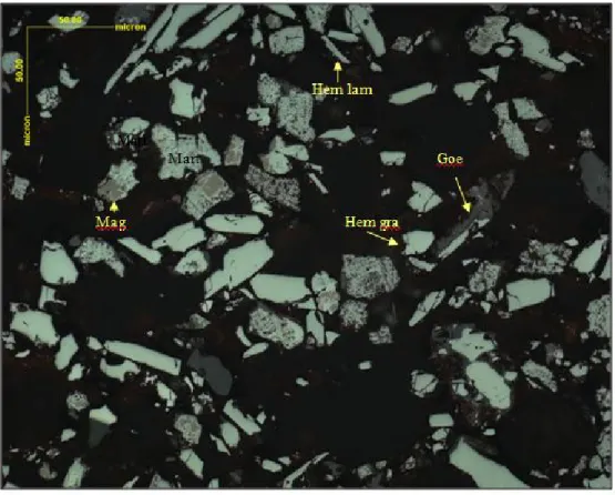 Figura 5.5 . Cristais de hematita e s morfologias. Hem lam: hematita lamelar; Hem gra: hematita  granular; Mart: martita; Goe: goethita