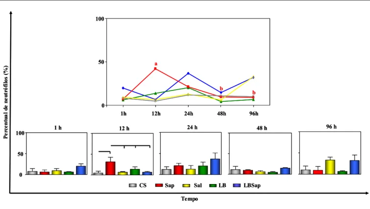 Gráfico 2:  Cinética de migração seletiva de neutrófilos na derme superior de cães inoculados com  diferentes componentes: CS (controle salina), Sap (saponina), Sal (extrato de glândula salivar de Lu