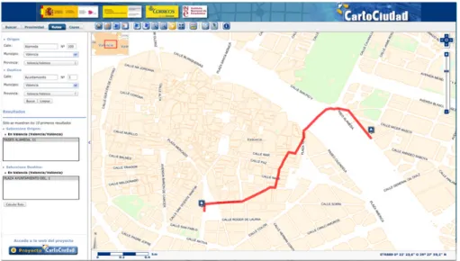 Fig. 5.- Route calculation using WPS in CartoCiudad 