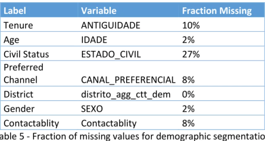 Table 5 - Fraction of missing values for demographic segmentation 