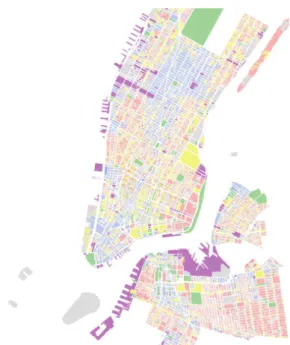 Figure 9 ­ Extract of data from NYC MapPLUTO dataset with colours categorising                           the landuse of that parcel. 