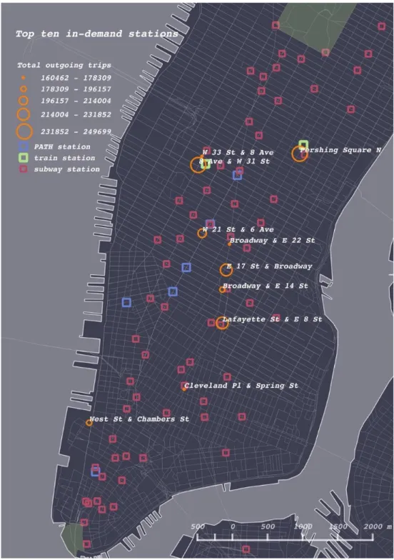 Figure 11. Map and table of the top-ten stations during the study period (2013-2015) and transport hubs 