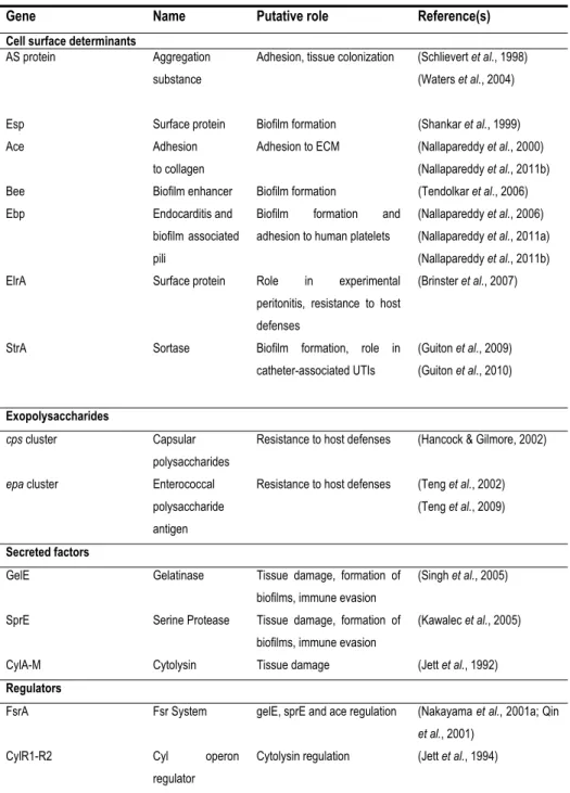 Table 1 – E. faecalis virulence factors and their putative role  (Arias &amp; Murray, 2012; Jett et al., 1994; 