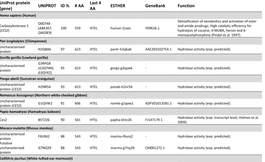 Table 1.2 CES2 protein across different species   UniProt protein 