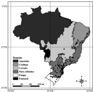 Figure 3 – Distribution of Vriesea friburgensis Mez. ( ● ) on  Brazilian territory based on data from Specieslink (2015)  and the new occurrence for the Distrito Federal ( ▲ ).