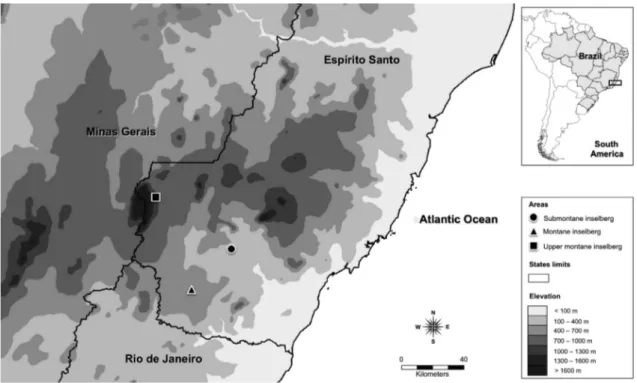Figure 1 – Location of three populations of Pseudobombax sp. nov. on granitic-gneissic inselbergs in the southern  part of Espírito Santo state, where the epiphytic vascular flora was recorded.