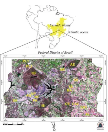 Fig. 1 - Color composition 3R4G5B – Landsat/ETM+7 image (May-23, 2003) with spatial resolution of 15 m from Federal District of Brazil with triatomine and small mammal sampling areas of this study (see Table 1 for geographical co-ordinates, location and ma