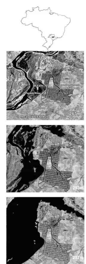 Fig. 1 - Flooding sequence on the Paraná River and the areas of interest in the study