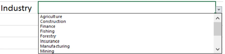 Figure 10 - Organization's industry dropdown list 
