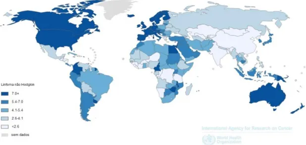 Figura 3. Ilustração da incidência e mortalidade de LNH no mundo relativa ao ano de 2012