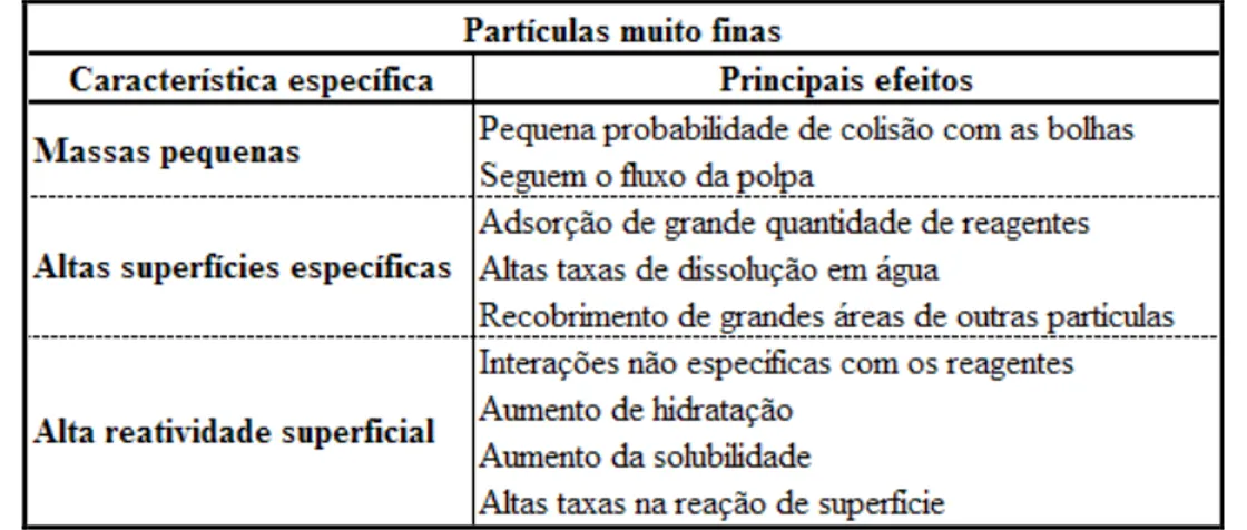 Tabela  3.13.  Características  específicas  de  ultrafinos  e  seus  efeitos  prováveis  na  flotação (Adaptado de Klassen e Mokrousov, 1963) 