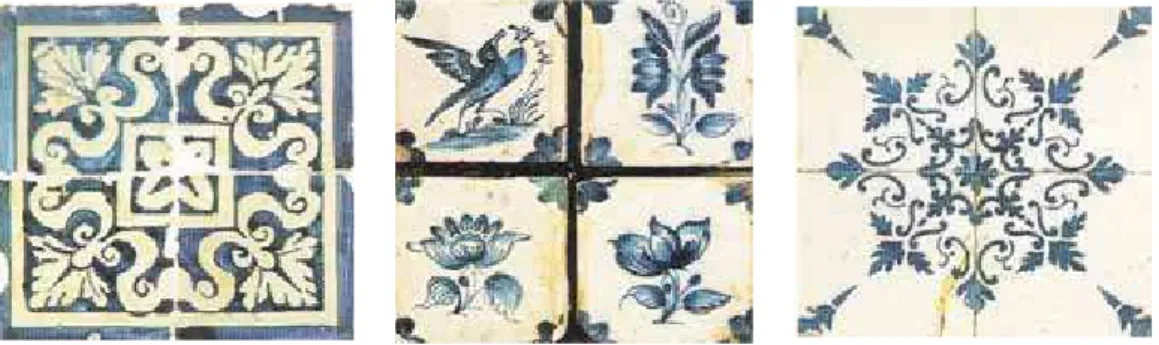 Fig.  05,  06  e  07  Azulejos  (da  esquerda  para  a  direita):  azulejo  de  cercadura;  avulsos  executados  por  crianças  e  aprendizes;  estampado c