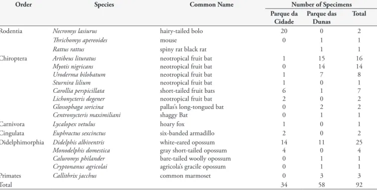 Table 1. Order, species and number of captured and sampled wild mammals in the conservation areas (Parque da Cidade and Parque das  Dunas) in Natal, Rio Grande do Norte, Brazil (2012 and 2013).