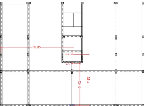 Figura 3.7 – Identificação do centro de massa e de rigidez em planta do piso 1 