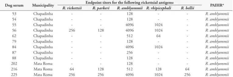 Table 3. Results from indirect immunofluorescence assays (IFA) for five Rickettsia species among dogs in rural areas of the Chapadinha region,  state of Maranhão, northeastern Brazil.