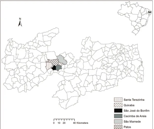 Figure 1. Municipalities of the mesoregion of Sertão of Paraíba, delimited by dotted lines, from where the animals that participated in the  study were derived.