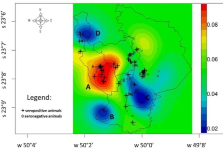 Figure 3. Spatial distribution of rates of rickettsial seropositivity to  spotted fever group rickettsiae among sampled dogs and probability  of occurrence of spotted fever group infection in municipalities in  the northeastern area of the state of Paraná,