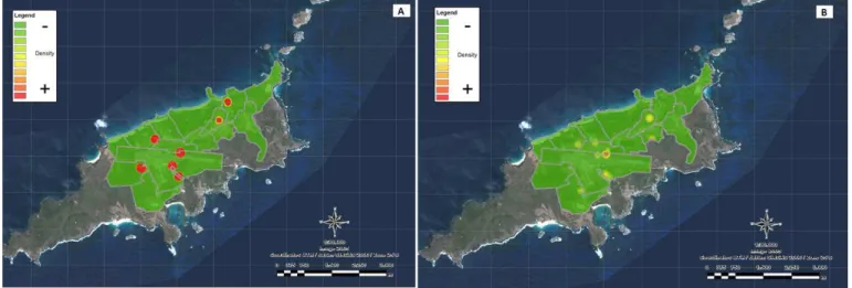 Figure 1. Kernel estimation map of the prevalence of Toxoplasma gondii infection in sheep (A) and cattle (B) from Fernando de Noronha Island.