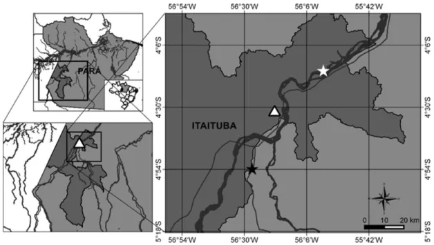 Figure 1. Geographic location of collection points. Town of Itaituba Uruá Stream (S 0.4°31’58.7”, W 56°18’2.2”); Jamaxinzinho river  (S 0.4°53’58.0”, W 56°27’00.3”), Pará, Brazil.