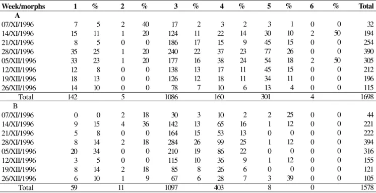 Table I. Number and percentage for each morph and sex of Chauliognathus fallax at every week of sampling