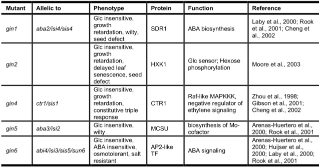 Table 1.3. Allelism between sugar and hormone signaling mutants in Arabidopsis. 