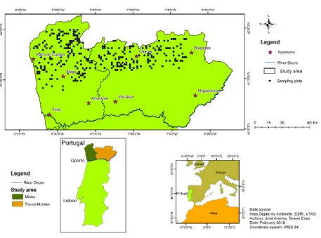 Figure 3.1 – Distribution of sampling plots in the study (North Portugal) and Postugal´s world geographical  location