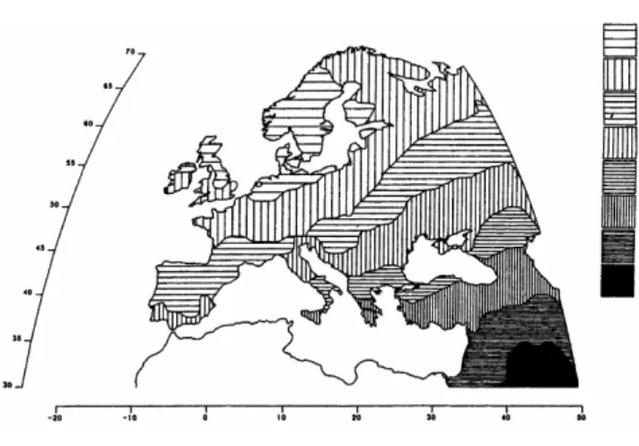 Figure 1.1: SE-NW gradients in Europe - Synthetic map of the first principal com- com-ponent of variation found by Cavalli-Sforza and colleagues [1994])