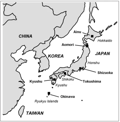 Figure 2.1: Map of the Japanese Islands - Approximate geographical locations of the Japanese populations analysed in the present study