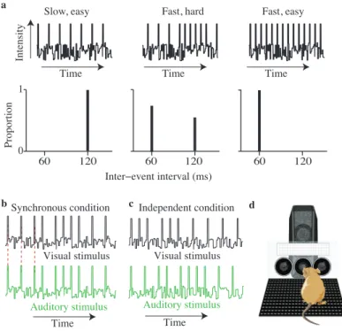 Figure 2.1: Schematic of rate discrimination decision task and experimental setup. a, Each trial consists of a stream of events (auditory or visual) separated by long or short intervals (top)