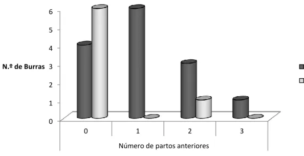 Gráfico 3 – Número de burras por categoria de classificação de Kenney consoante o número de partos, antes de  2013