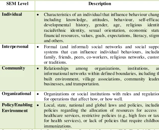 Table 3:  Description of Social Ecological Model (SEM) Levels 