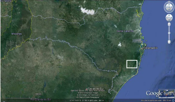 Figura 01- Imagem de satélite do Estado de Santa Catarina, sendo demarcada pelo retângulo  a região na qual estão localizados os municípios alvos da pesquisa