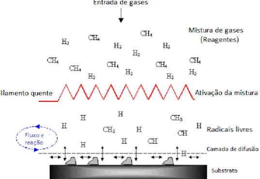 Figura 2.13: Diagrama do processo f´ısico e qu´ımico do HFCVD, adaptado de [51].