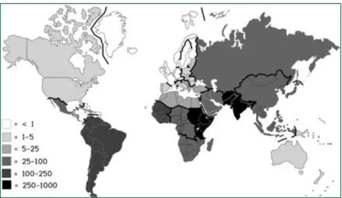 Figura 6.  Mapa demonstrativo do risco de Giardia por 100 000 viajantes  regressados de diferentes regiões ( Ekdahl K &amp; Andersson Y, 2005) 