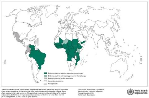 Figura 4 - Mapa da distribuição mundial da Oncocercose, em 2015 (46). 
