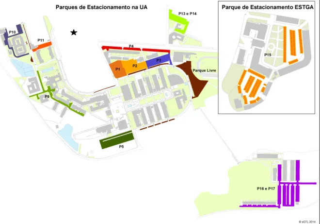 Figura 9. Mapa dos parques de estacionamento do Campus da UA. (SACTUA, 2014) 