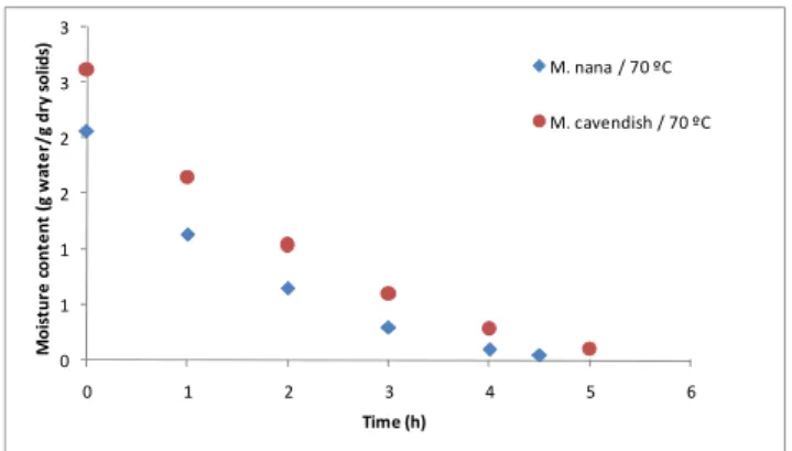 Fig. 1 Profile of moisture content at 50 ºC to Musa nana and Musa  cavendish 0112233 0 1 2 3 4 5 6Moisture content (g water/g dry solids) Time (h) M. nana / 70 ºC M. cavendish / 70 ºC