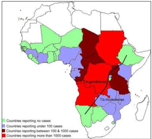 Figure 1.2 – Geographical distribution of HAT and epidemiological status of the disease in the last  decade