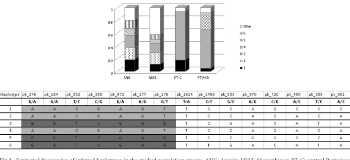 Fig 4. Estimated population structure determined with Structure 2.2. (no prior information of sampling groups, under the admixture model with correlated allele frequencies; ten independent runs with 10 5 burn-in steps and 10 5 interactions)