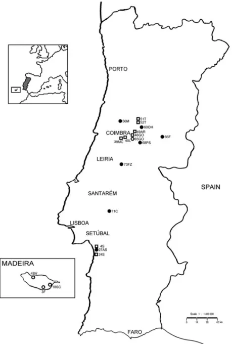 Fig. 1. Map of the geographical distribution of B. xylophilus in continental Portugal and Madeira Island, showing the sampling sites of isolates collected until 2008 and in 2009–2010