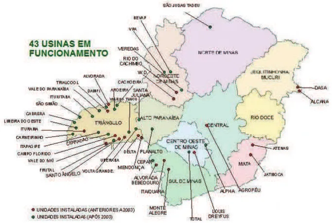 Figura 1: Localização das Usinas no estado de Minas Gerais em 2011. 