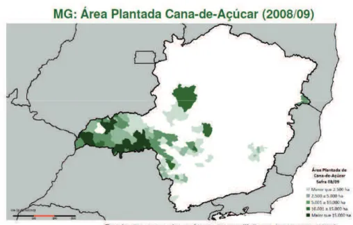 Figura 4: Área plantada de cana-de-açúcar em Minas Gerais, safra 2008/2009. 