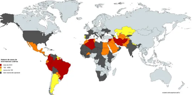 Figura 3 - Estado da endemicidade de leishmaniose visceral no mundo em 2013. Baseado em WHO, Control of Neglected  Tropical Diseases, 2015 