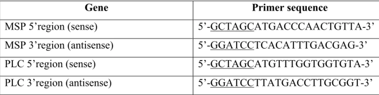 Table 1: Nucleotide sequences used in the primer synthesis for the gene amplification from Trypanosoma  brucei