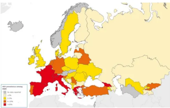 Fig. 8  –  Prevalência estimada da infecção pelo HIV em HSH, entre 2011 e 2013, na Europa (fonte: 
