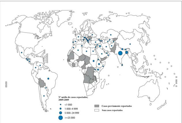 Figura 1 – Distribuição geográfica de Leishmaniose visceral no Velho e Novo Mundos  (Adaptado de:  WHO, 2010b )