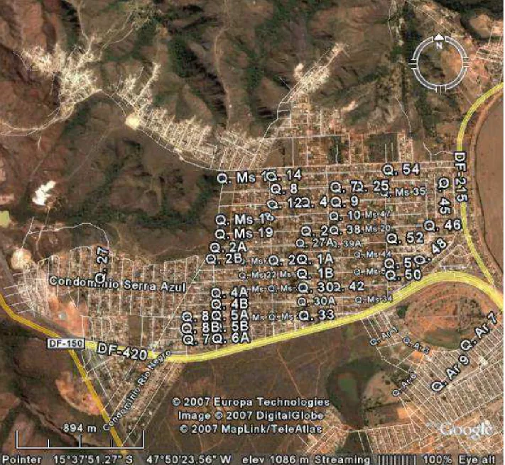 Figura 2 - Foto aérea obtida por satélite ampliada, mostrando em detalhes o Condomínio  Serra Azul – Sobradinho II – Distrito Federal